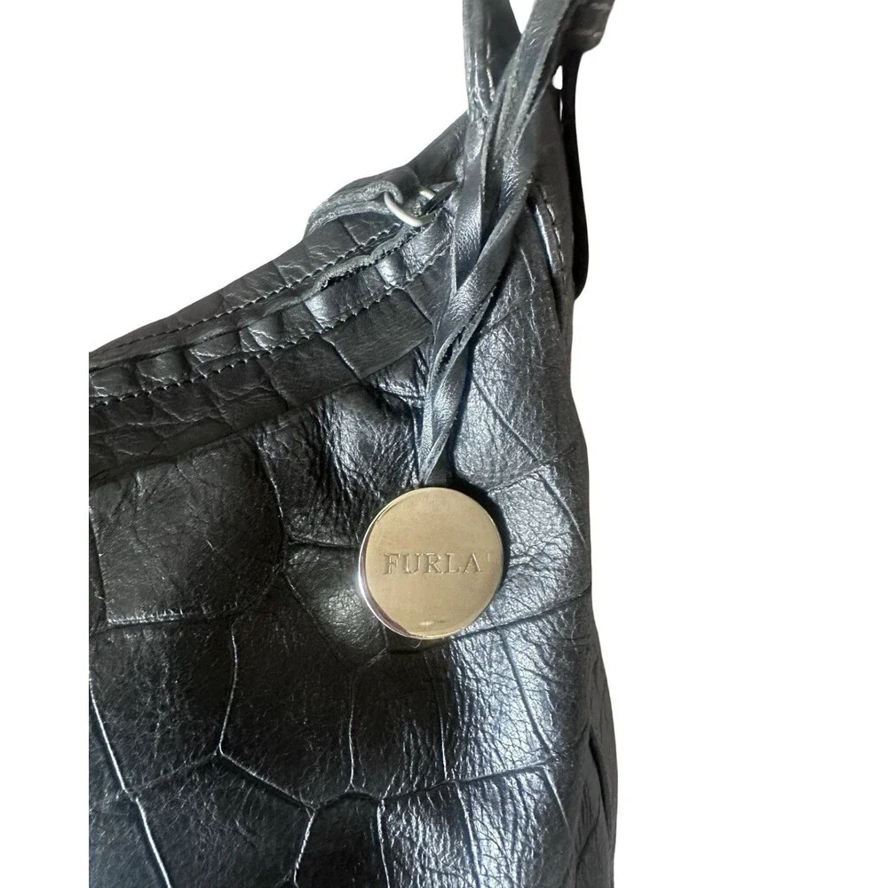 Furla Black Crocodile Leather Embossed Hobo Bag - Picture 7 of 14